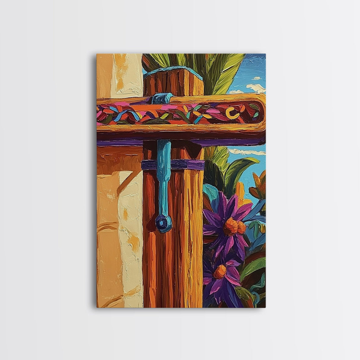 Tropical Rustic Detail Painting, Framed Canvas Print, Coastal patio wall decor, boho island house art, summer wall accent
