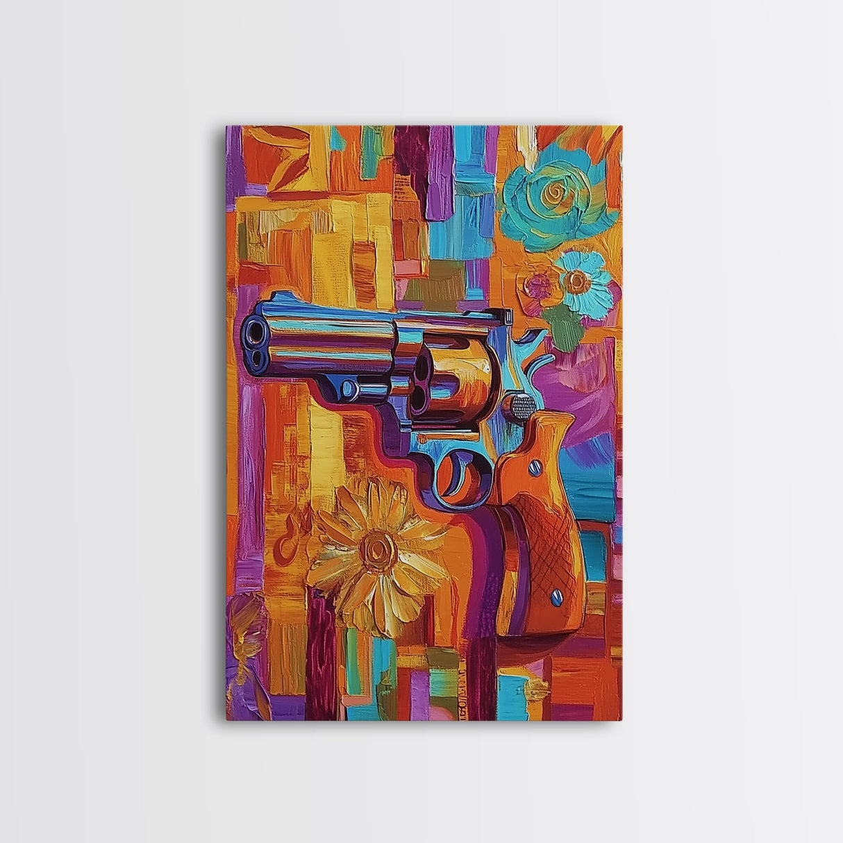 Pop Art Revolver, Bold Gun Art, Urban Wall Decor, Framed Canvas Print, Eclectic Studio Wall Art, Psychedelic Style, Colorful Abstract Art