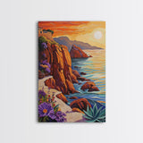 Sunset Coast, Rocky Shore, Ocean Glow, Golden Hour, Framed Canvas Print, Living Room Wall Art, Nature Landscape Decor, Coastal Fall Artwork