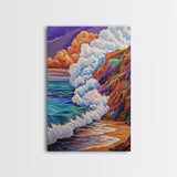 Ocean Wave, Sunset Sky, Rocky Coast, Vibrant Sea — Framed Canvas Print beach wall decor, colorful ocean art, coastal living room wall art