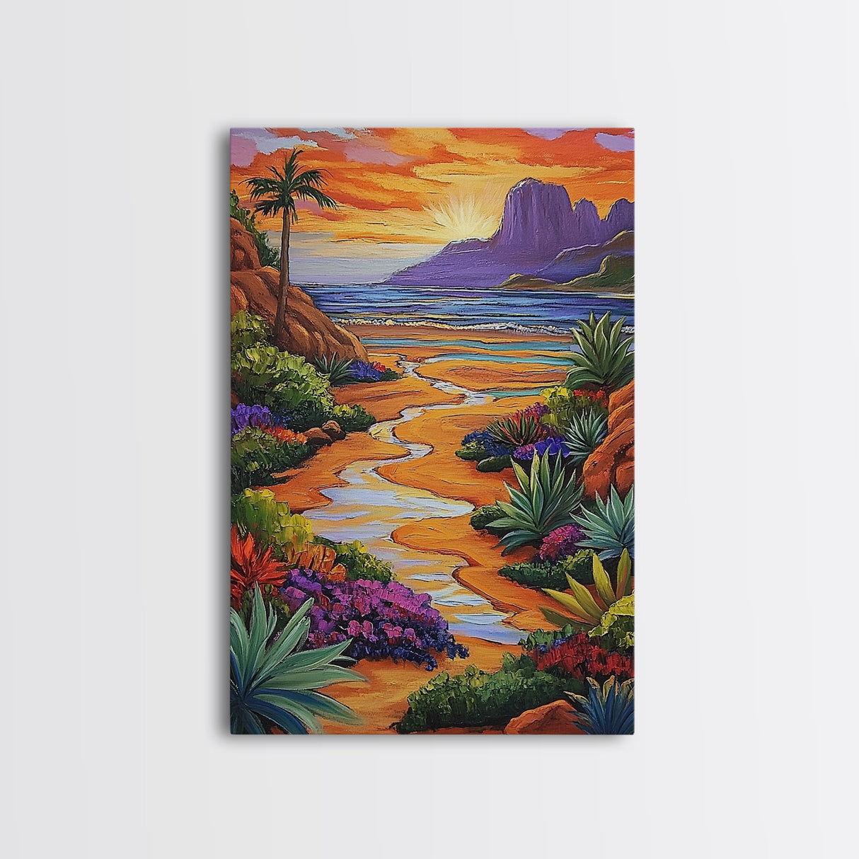 Desert Beach, Mountain Sunset, Ocean Stream, Palm Tree — Framed Canvas Print vibrant landscape wall art, boho living room, beach house decor