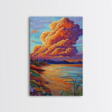 Sunset Bay, Dramatic Clouds, Lakeside View, Village Scene — Canvas Print rustic lake house decor, Fall living room wall art, scenic painting
