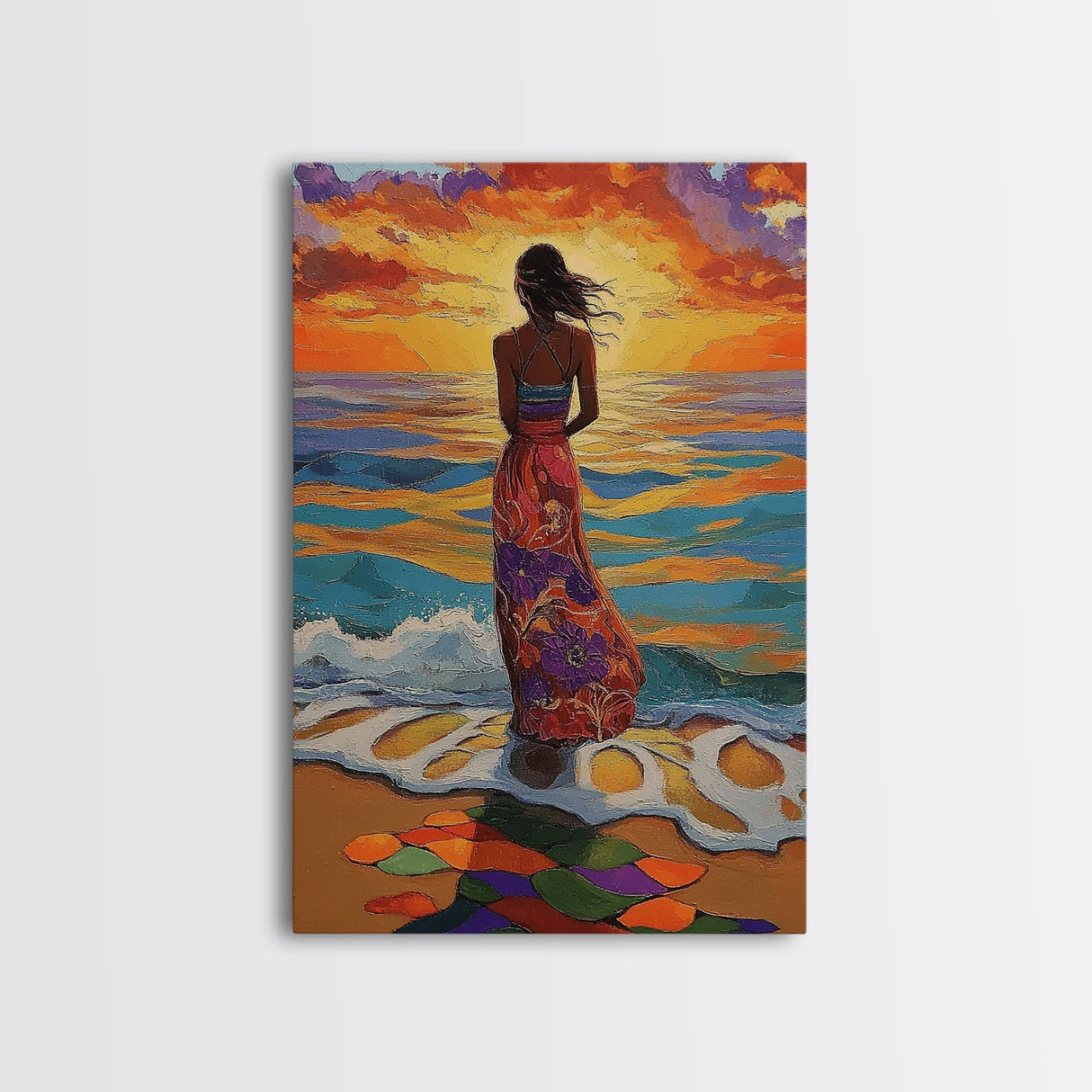 Sunset Beach Woman, Ocean Waves Art, Boho Coastal Decor, Tropical Wall Art, Canvas Print, Living Room Accent, Vibrant Beach Scene