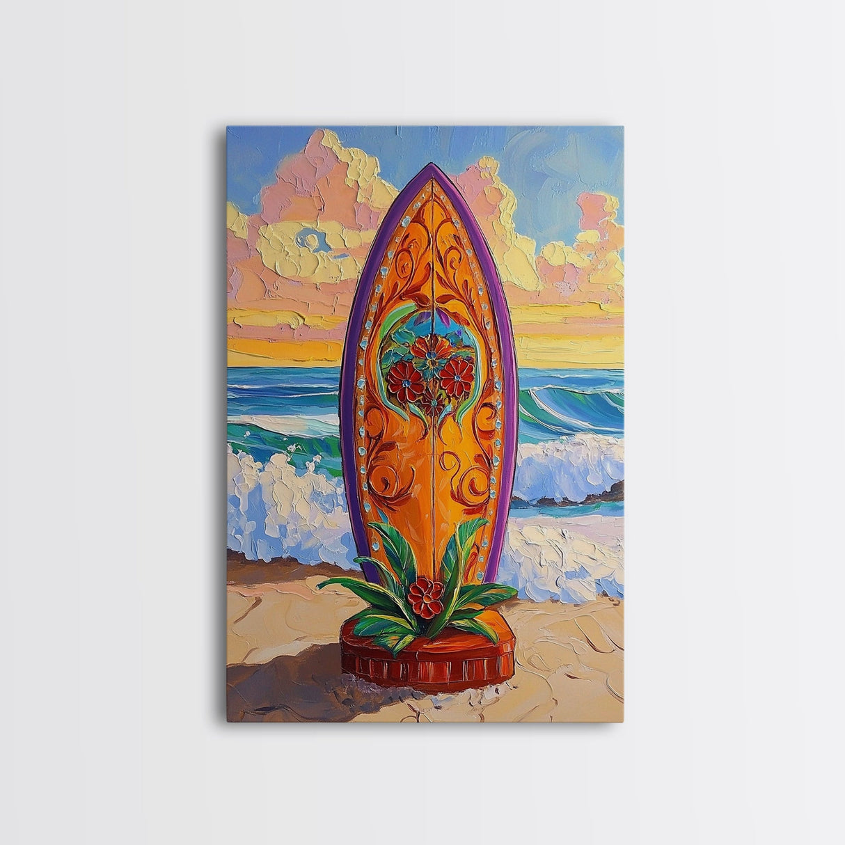Floral Surfboard Art, Beach Sunset Decor, Tropical Surf Vibe, Canvas Print, Bright Ocean Wall Art, Bathroom Accent, Boho Coastal