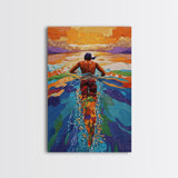 Man Swimming Sunset, Ocean Freedom Art, Tropical Wall Decor, Canvas Print, Bright Water Colors, Bold Bathroom Wall Art