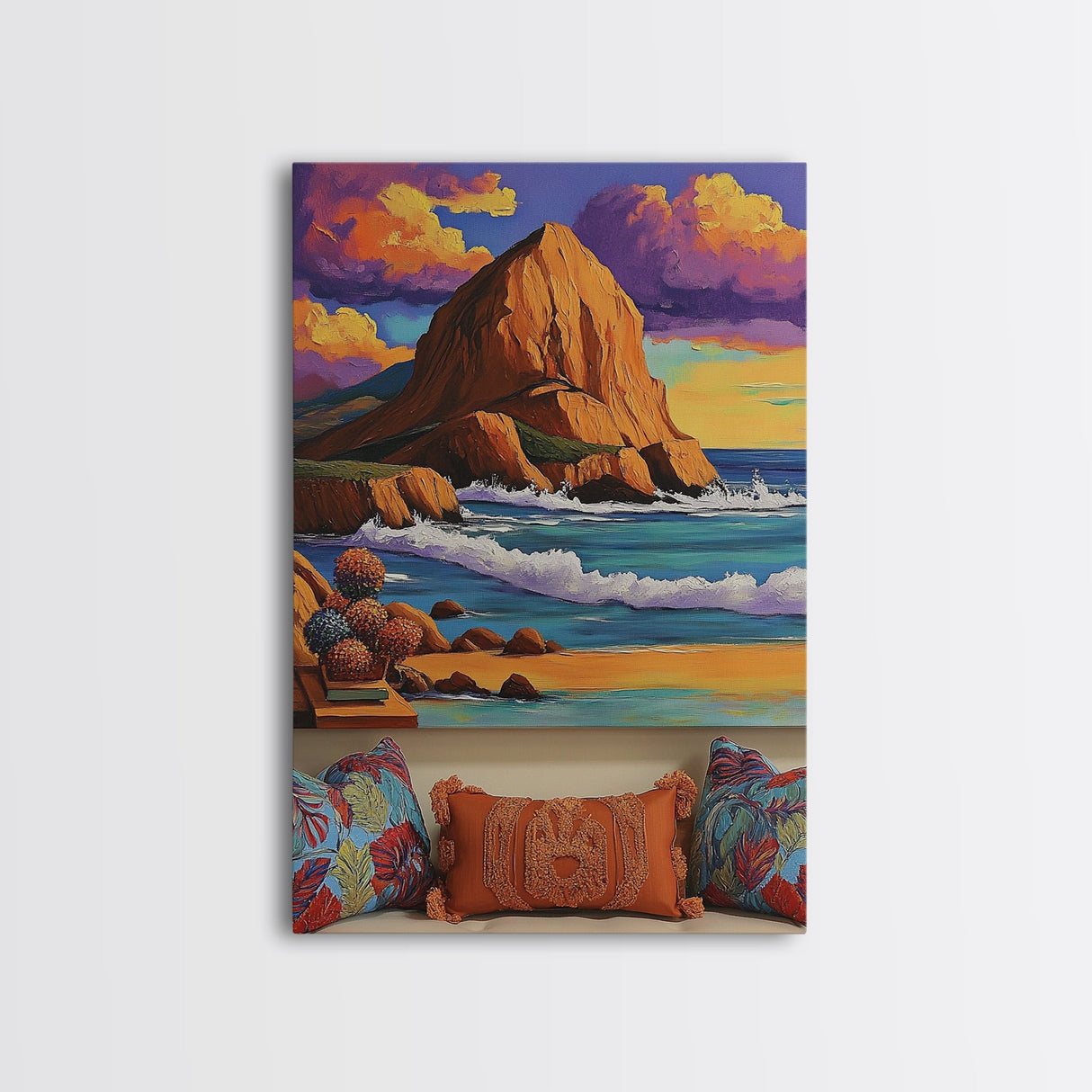 Sunset Beach, Cliffs, Waves, Framed Canvas Print vibrant coastal wall art, beach house decor, ocean cliffs, boho style, living room wall art