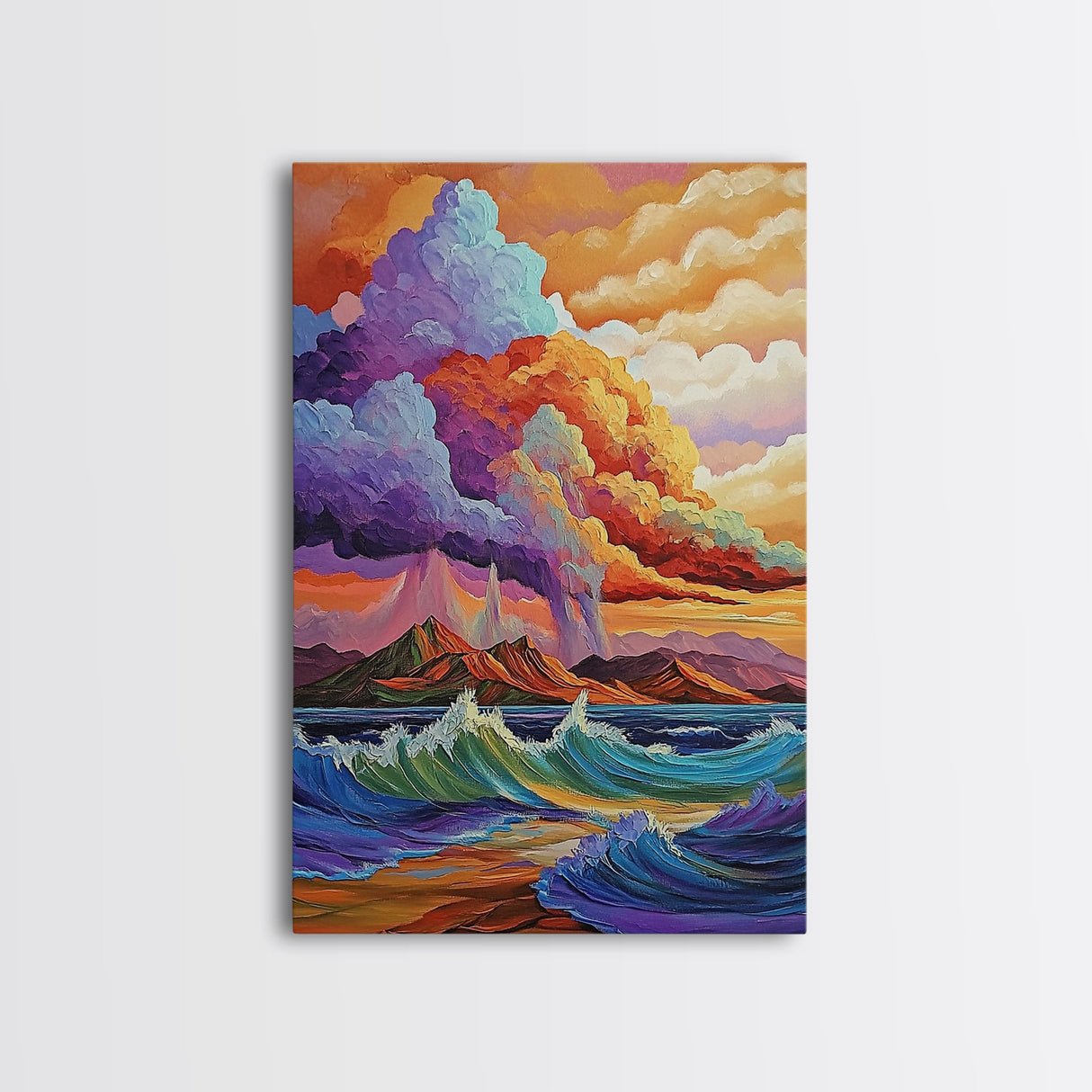 Stormy Coastal Sunset, Rainbow Clouds Over Ocean, Dramatic Sky Wall Art, Framed Canvas Print, Boho Nature Decor, Living Room Art