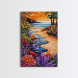 Tropical Beach Path, Sunset Garden Vibes, Colorful Coastal Landscape, Canvas Print, Boho Summer Decor, Bathroom Wall Art