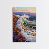 Crashing Ocean Wave, Rocky Coastline Scene, Vibrant Beach Art, Framed Canvas Print, Nature Inspired, Coastal Living Room Wall Art