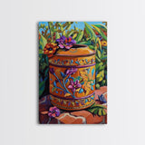 Floral Pot Still Life, Garden Patio Art, Colorful Ceramic Design, Framed Canvas Print, Kitchen Wall Art, Bohemian Home Style