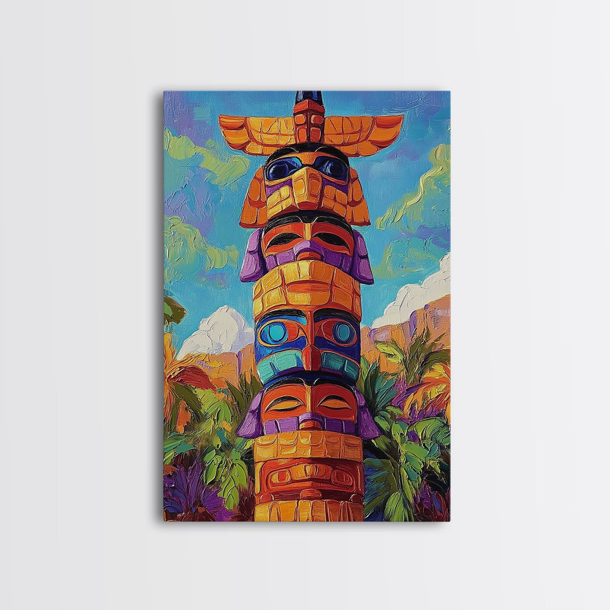 Totem Pole Painting, Tribal Inspired Decor, Canvas Print, Vibrant Wall Art, Boho Art Style, Entryway Statement Art, Unique Cultural Art