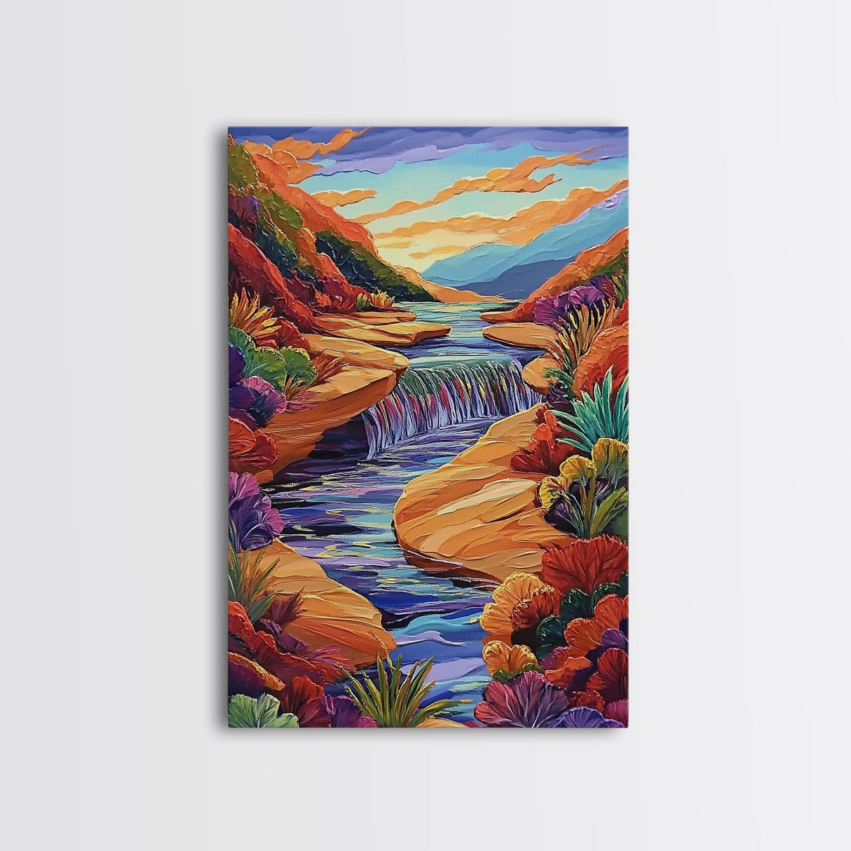 Canyon River Stream, Vibrant Landscape, Sunset Colors, Nature Scene, Framed Canvas Print, Bedroom Wall Art, Fall Home Decor, Boho Art