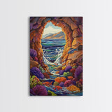 Ocean Cave Window, Underwater Scene, Marine Life, Coral Reef, Framed Canvas Print, Bathroom Wall Art, Coastal Decor, Nautical Art