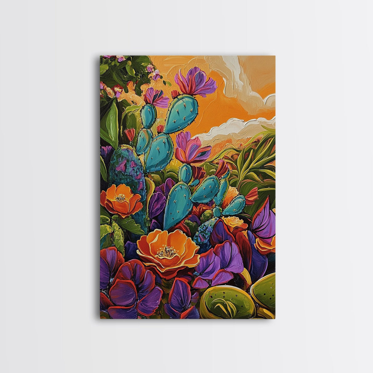 Prickly Wildflowers, Cactus, Garden, Framed Canvas Print floral cactus art, vibrant botanical painting, nature decor, desert boho living room