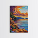 Sunset Shore, Tranquil, Mountains, Framed Canvas Print scenic mountain coast, sunset wall art, calming nature art, bohemian living room decor