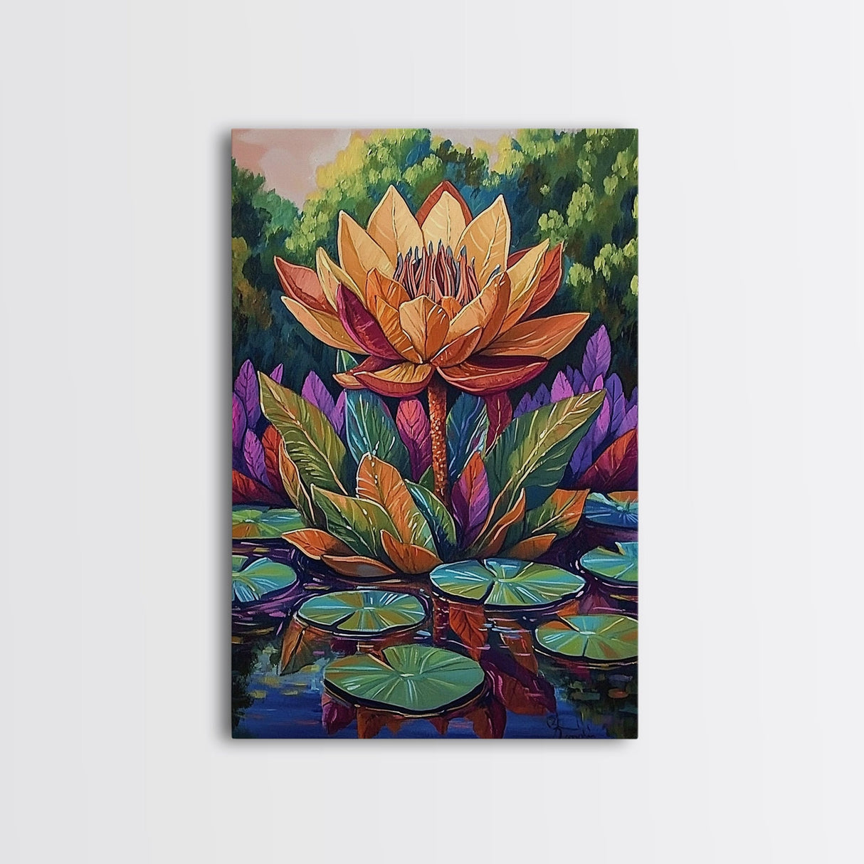 Large Lotus Flower, Tranquil Nature Art, Peaceful Botanical Scene, Framed Canvas Print, Boho Bathroom Wall Art, Zen Decor