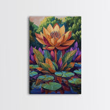 Large Lotus Flower, Tranquil Nature Art, Peaceful Botanical Scene, Framed Canvas Print, Boho Bathroom Wall Art, Zen Decor