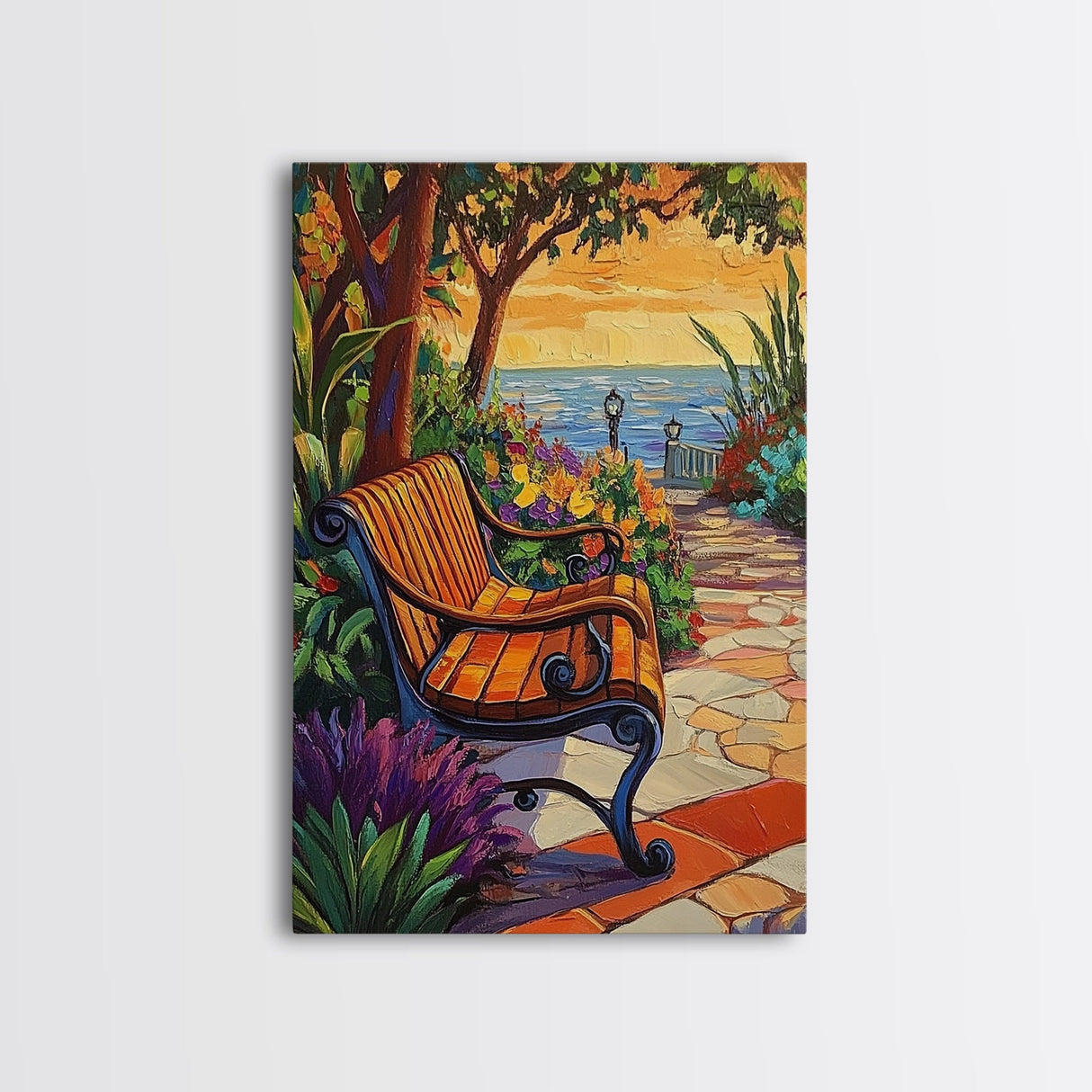 Sunset Garden Bench, Tranquil Nature Art, Romantic Outdoor View, Framed Canvas Print, Cozy Living Room Wall Art, Boho Landscape