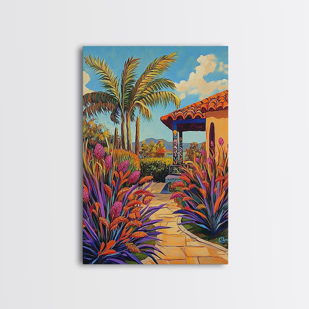 Tropical Path, Palm Trees, Garden Walkway, Vibrant Flora, Framed Canvas Print patio decor, vacation home wall art, coastal impressionist