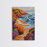 Colorful Beach, Tropical Waves, Vibrant Landscape, Coastal Flowers, Framed Canvas Print, boho art, sunroom wall decor, beach house painting