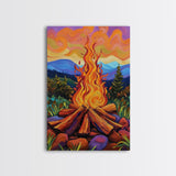Flames Forest, Dusk, Firelight, Framed Canvas Print rustic bonfire wall art, forest painting, Autumn cabin decor, cozy living room wall art