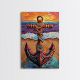 Nautical Anchor, Sunset, Coastal, Framed Canvas Print, ocean sunset art, beach house decor, rustic nautical theme, Living Room or Office