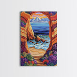 Coastal Archway, Ocean, Escape, Framed Canvas Print bold beach cave painting vivid seascape arch view boho tropical living room wall decor