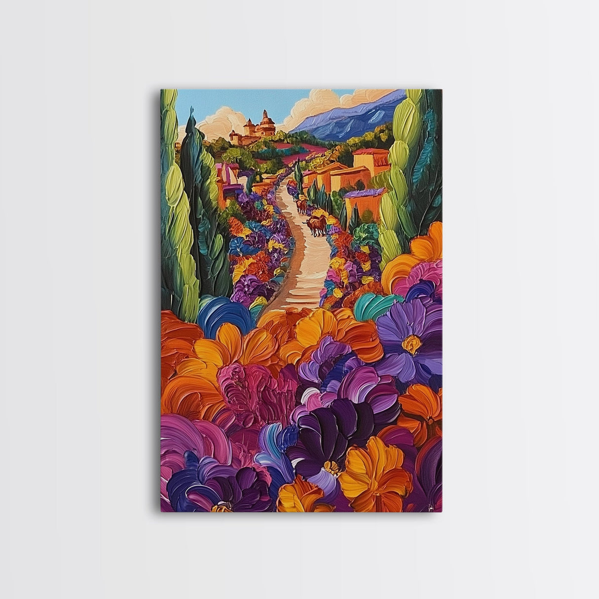 Village Flowers Path, Scenic Country Road Painting, Framed Canvas Print, Whimsical Boho Art, Kitchen Wall Decor, Mediterranean Style