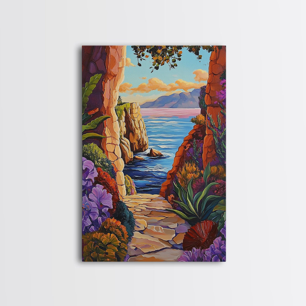 Pathway Ocean, Archway, Colorful Coastal View, Framed Canvas Print, Bohemian Hallway Art, Tropical Escape Decor, Vibrant Travel Scene