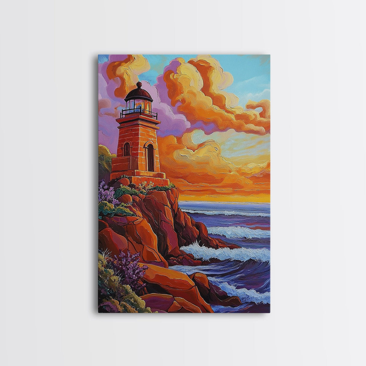 Lighthouse Sunset, Waves, Dramatic Coastal Sunset, Framed Canvas Print, Nautical Office Wall Art, Fall Coastal Decor, Bold Color Painting