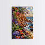 Tropical Coast, Flowers, Waves, Framed Canvas Print vibrant beach cliff wall art, coastal botanical boho decor, Living Room Wall Art