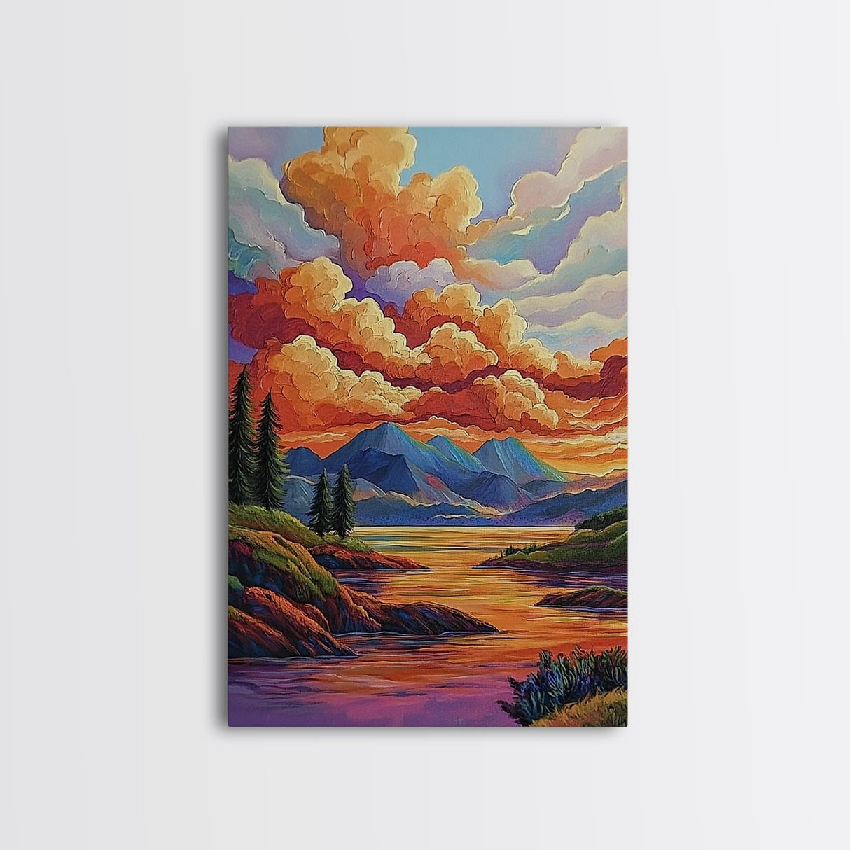 Mountains Lake, Sky Reflection, Canvas Print sunset mountain scene wall decor, serene nature landscape painting, Living Room Wall Art
