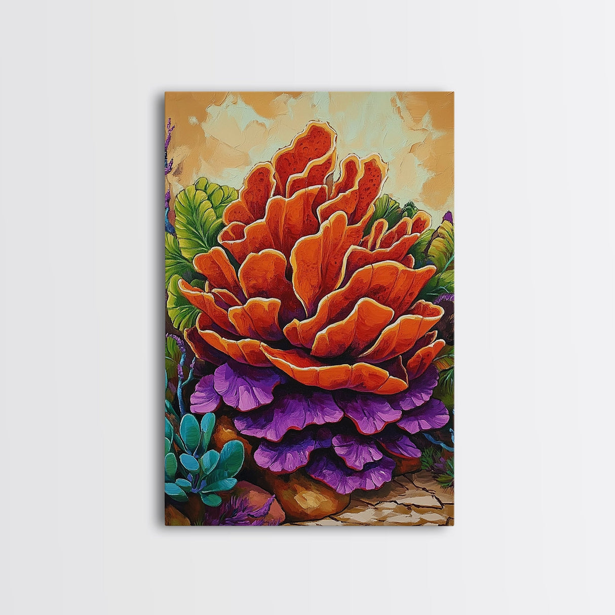 Succulent, Cactus, Orange, Purple, Framed Canvas Print, Bold desert succulent bloom art in orange and purple, living room statement piece