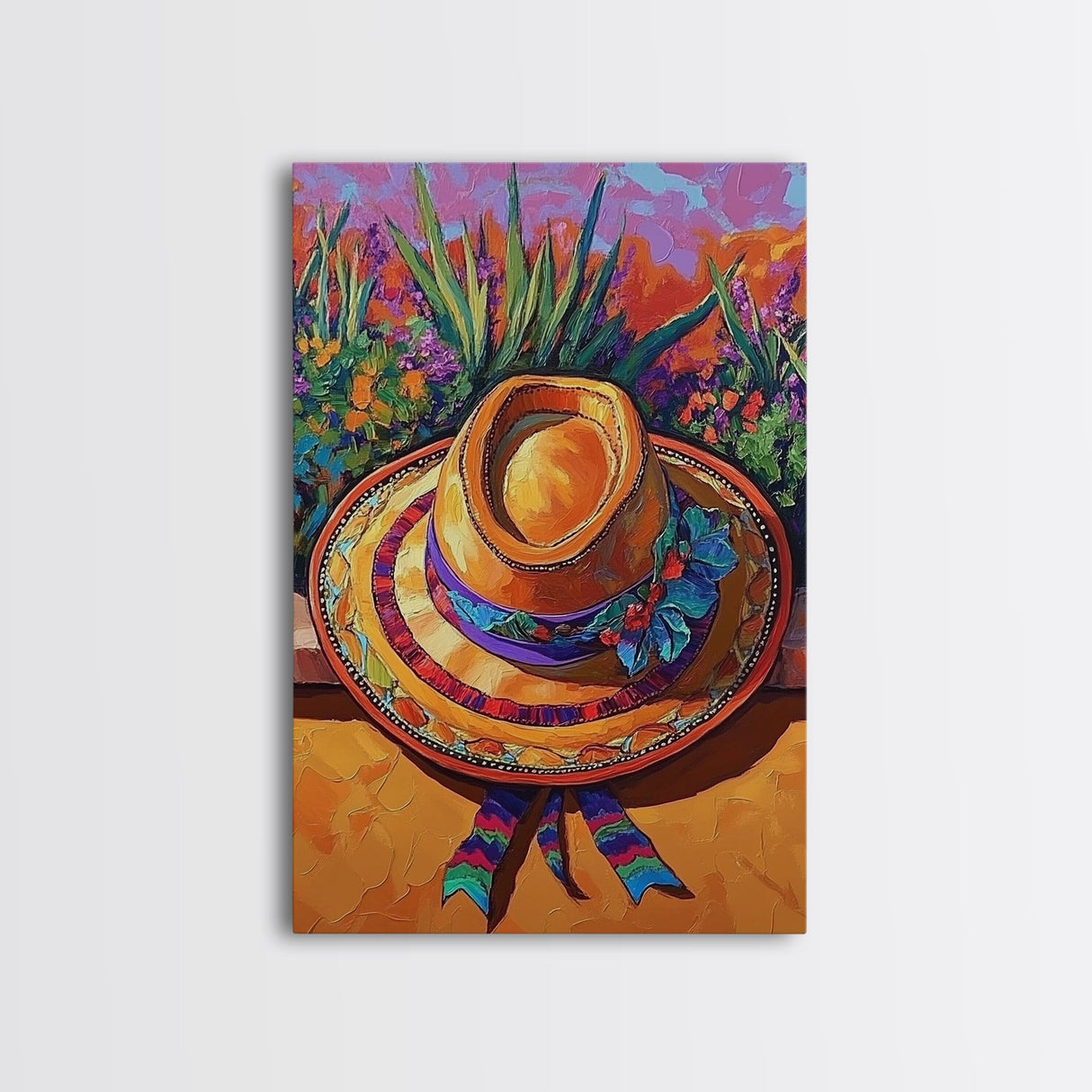 Sombrero, Garden, Boho, Floral, Framed Canvas Print, Bright floral garden sombrero artwork, perfect boho colorful kitchen wall art
