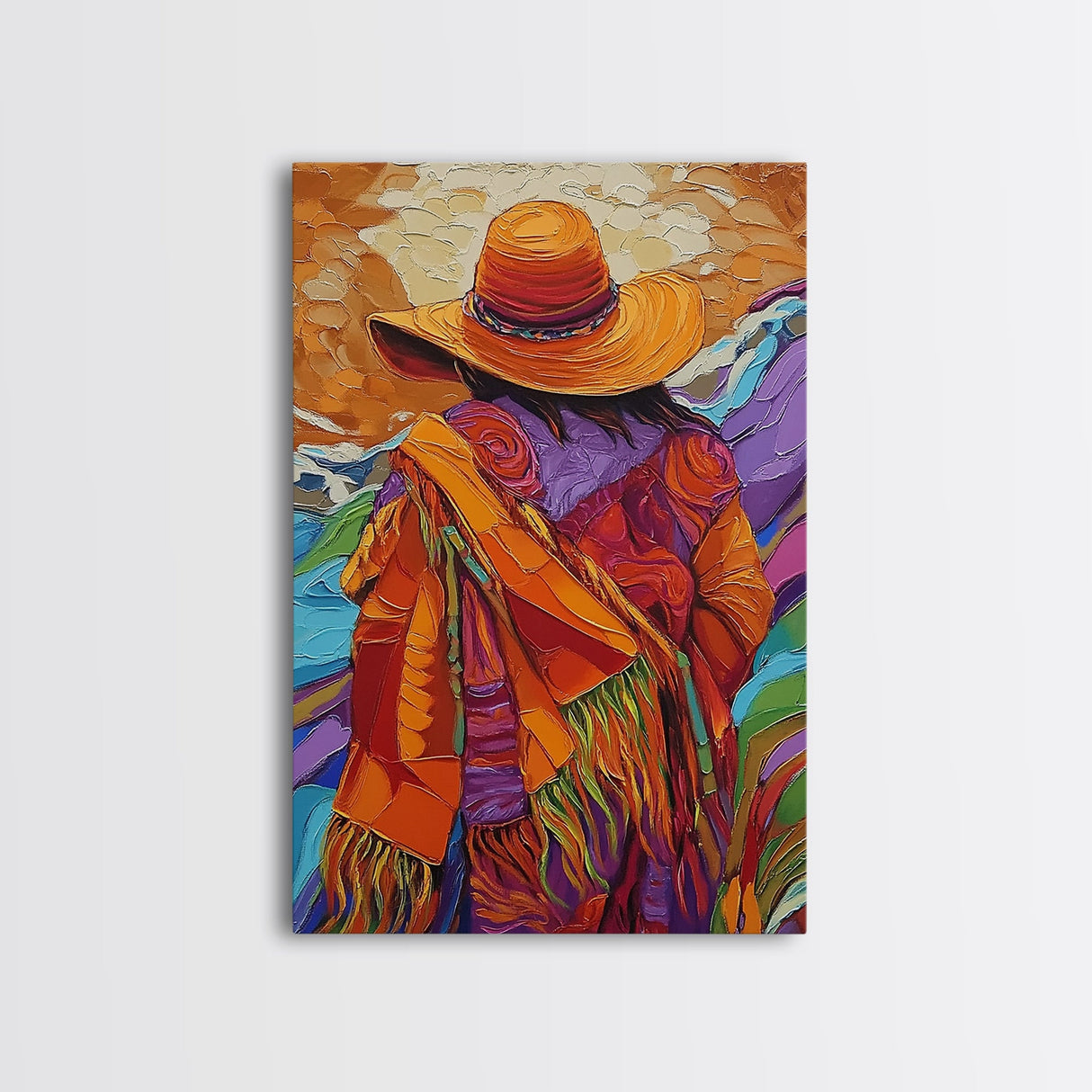Woman, Hat, Mountains, Blanket, Canvas Print, Southwest-inspired woman with hat and blanket, rustic fall-themed living room wall decor