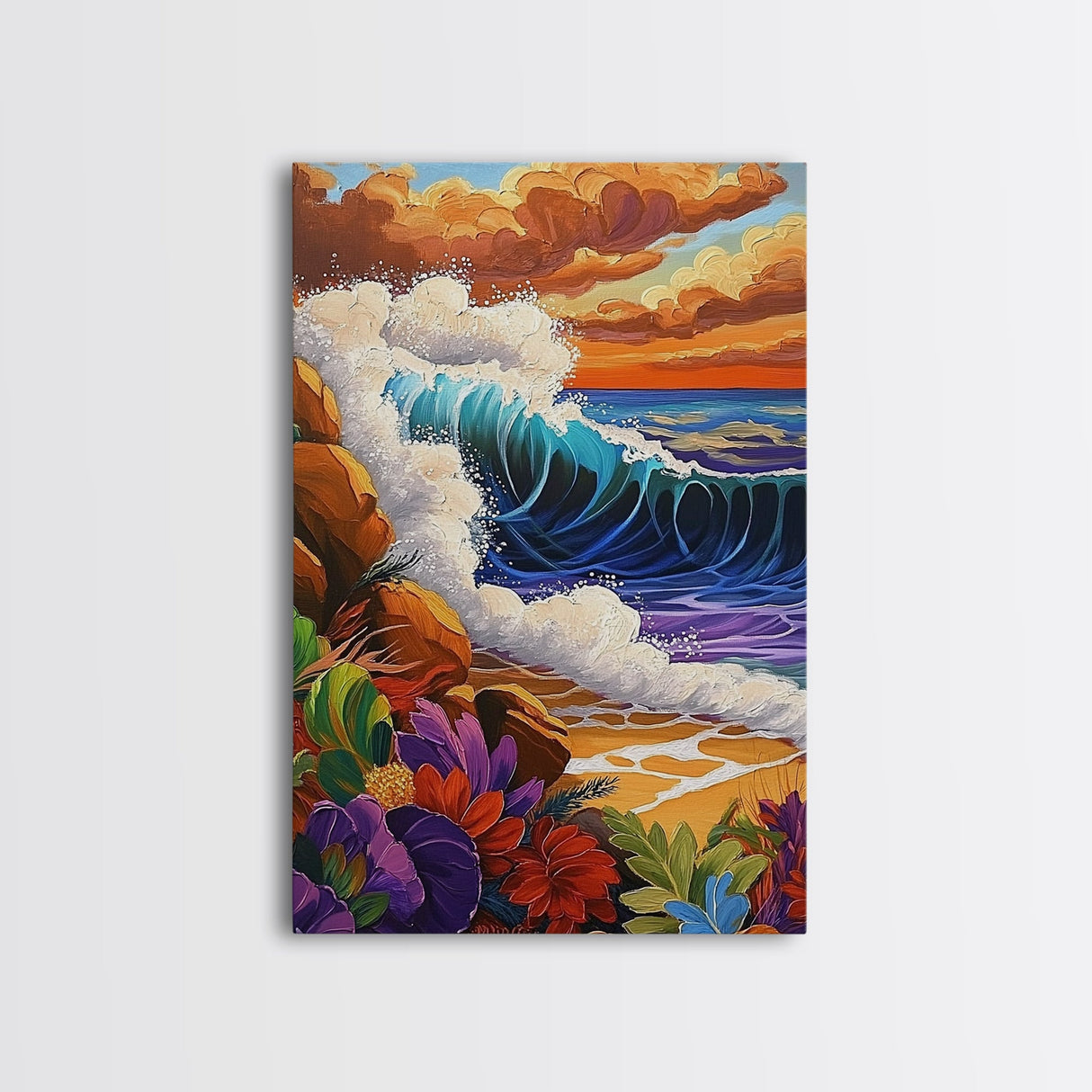 Wave Bold, Ocean, Sunset, Framed Canvas Print, Sunset surf wave crashing on rocks with bold colors, perfect beach house wall art