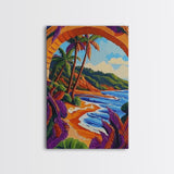 Tropical Palm, Beach, Archway, Canvas Print, Vibrant tropical beach with palm trees through archway, boho bedroom island-inspired wall decor