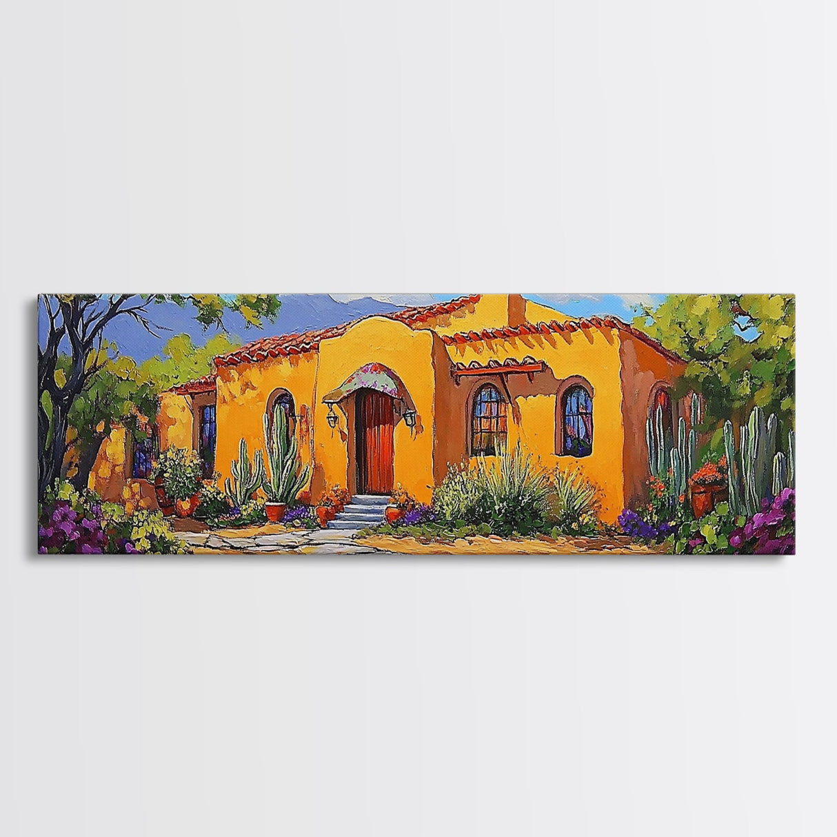 Desert Casa Art, Colorful Home, Cactus Painting, Framed Canvas Print, Vibrant Southwest Decor, Living Room Wall Art, Spanish Style Art