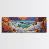 Ocean Wave, Rocky Coast, Vibrant Sunset, Nature Seascape, Framed Canvas Print, Coastal Wall Art, Beach Bathroom Decor, Colorful Seascape Art