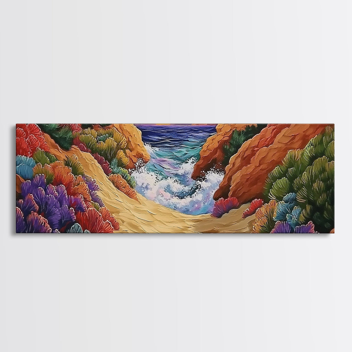 Ocean Path, Colorful Cliffs, Bright Beach, Nature Trail, Framed Canvas Print, Coastal Wall Art, Hallway Decor, Vibrant Seaside Painting