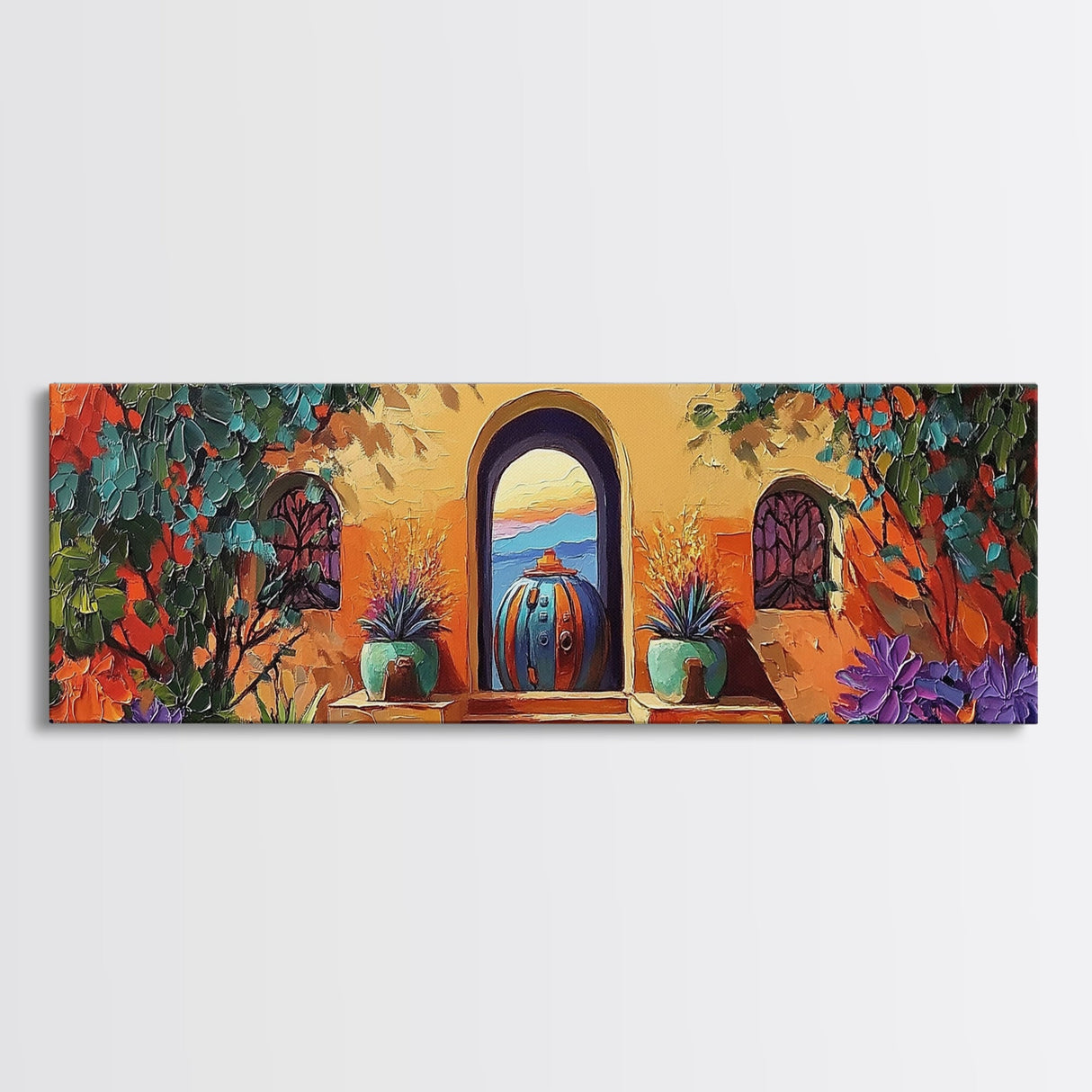 Spanish Courtyard Art, Terracotta Walls, Framed Canvas Print, Vibrant Southwest Decor, Patio Wall Art, Mediterranean Boho Style
