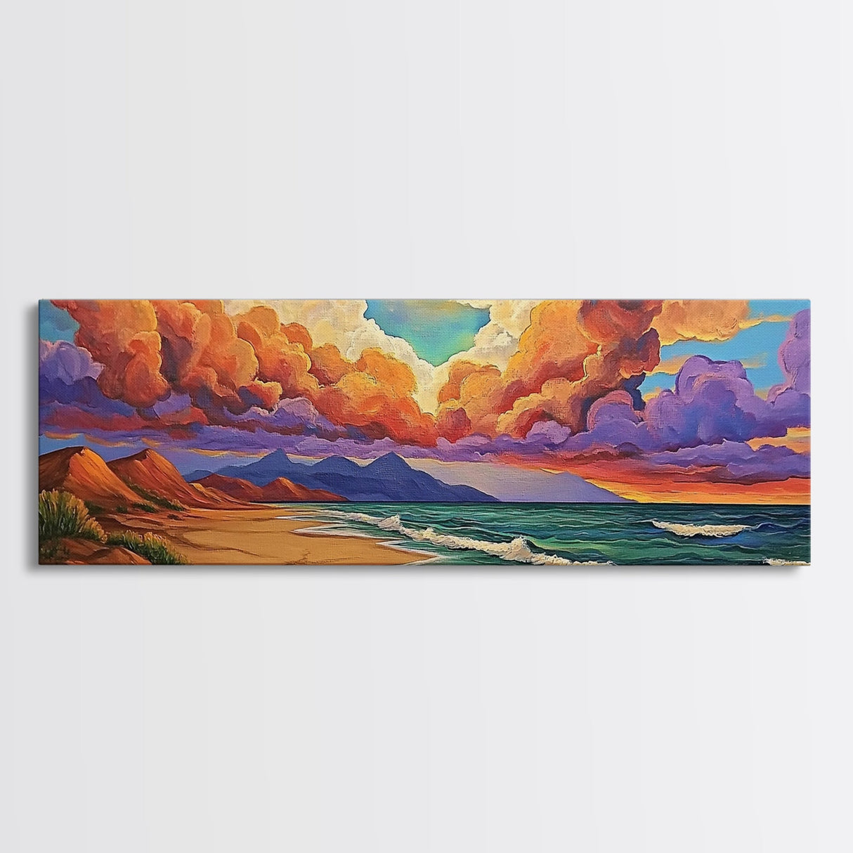 Peaceful Coastal Beach, Colorful Sunset Clouds, Tranquil Ocean Scene, Relaxing Bedroom Wall Art Framed Canvas Print, Bedroom Wall Decor