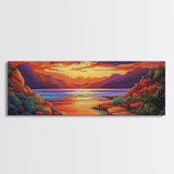 Rocky Sunset, Tranquil Cove, Mountain Glow, Ocean Calm, Framed Canvas Print, vivid sunset art, nature escape, living room decor