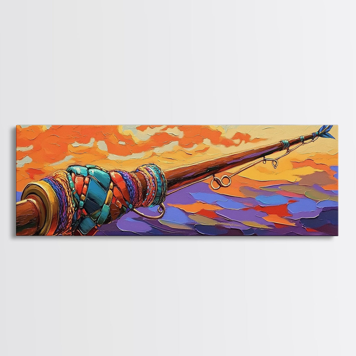 Fishing Pole, Ocean Cast, Sunset Waters, Canvas Print, fisherman gift, nautical wall art, rustic cabin decor, outdoor artwork