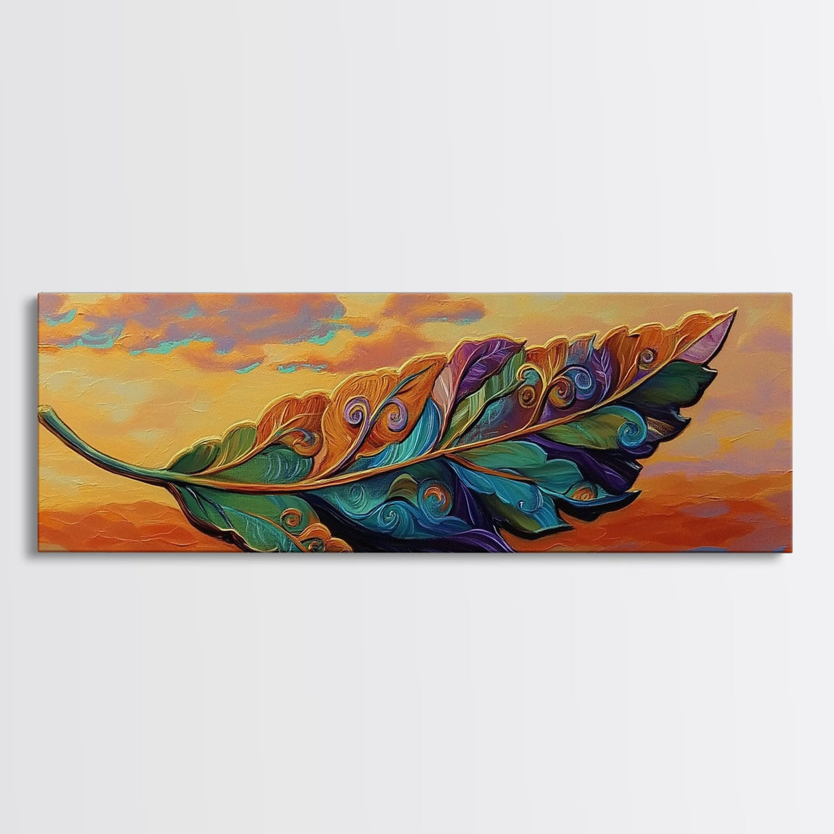 Colorful Leaf Art, Sunset Nature Decor, Vibrant Feather Design, Framed Canvas Print, Boho Wall Art, Entryway Accent Piece