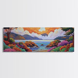 Vibrant Coastal View, Ocean Sunset Landscape, Floral Beach Scene, Framed Canvas Print, Colorful Wall Art, Tropical Living Room