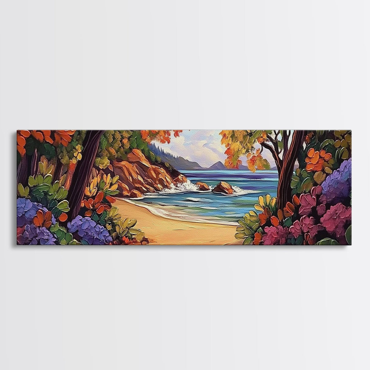 Secluded Beach Painting, Colorful Coastal Trees, Tropical Shoreline View, Framed Canvas Print, Relaxing Bathroom Art, Boho Bedroom