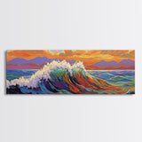 Ocean Wave Sunset, Vibrant Seascape Painting, Tropical Horizon Scene, Framed Canvas Print, Coastal Wall Art, Nautical Decor