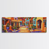 Colorful Village Lane, Bright Street Scene, Adobe Style Architecture, Framed Canvas Print, Boho Entryway Wall Art, Kitchen Decor