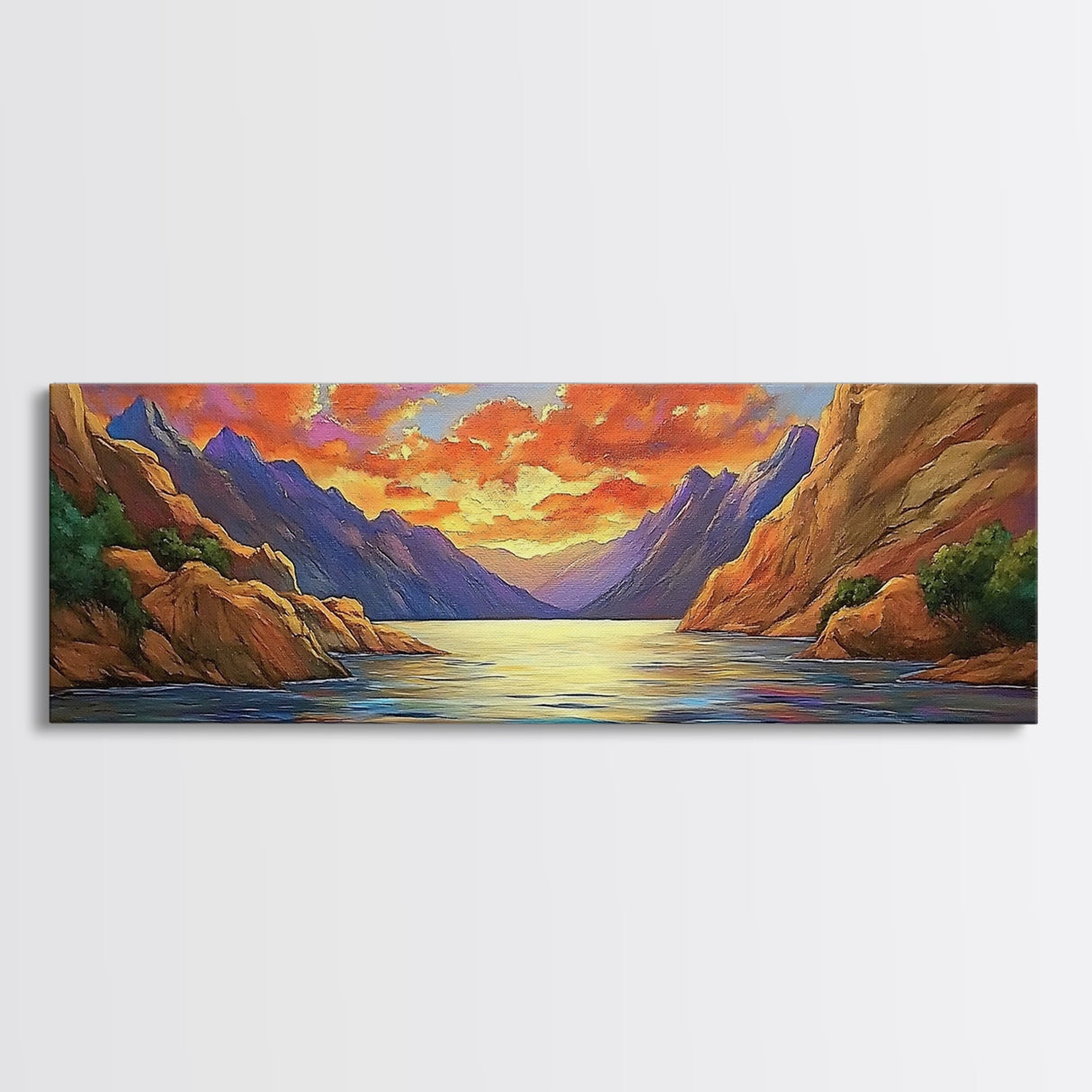 Sunset Lake, Mountain Reflection, Nature Glow, Framed Canvas Print, Scenic Wall Art, Autumn Decor, Cabin Artwork, Rustic Landscape Art